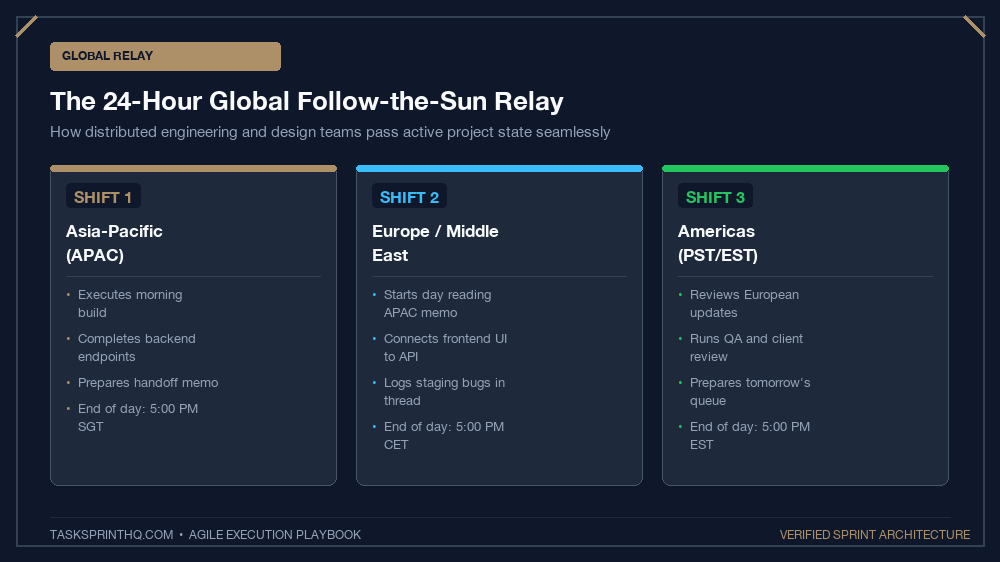 Async handoff checklist different timezones 24-hour global relay model