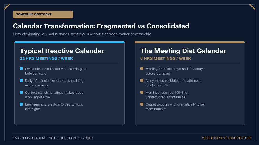 Cut weekly team meetings 50 percent before and after calendar schedule comparison