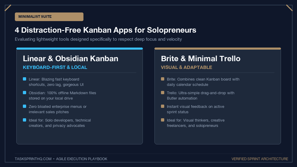 Minimalist kanban apps solopreneurs distraction-free feature comparison