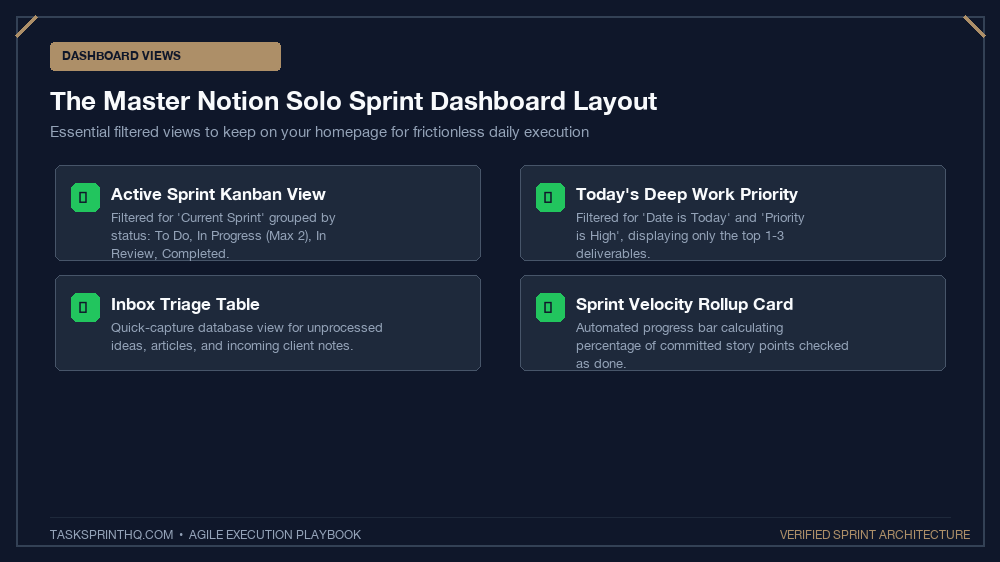 Solo sprint planning notion dashboard interface layout and database views