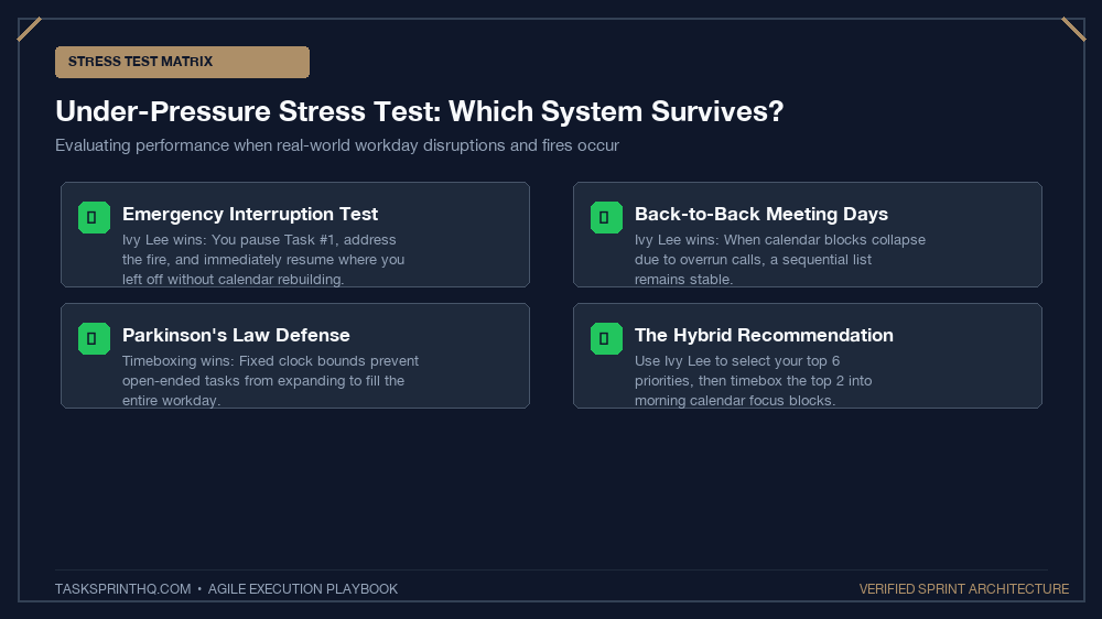 Ivy Lee method vs timeboxing performance under pressure comparison matrix