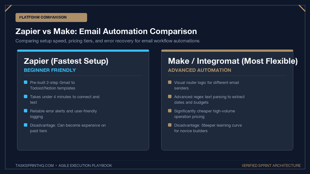 Automate task creation from email star Zapier versus Make platform comparison